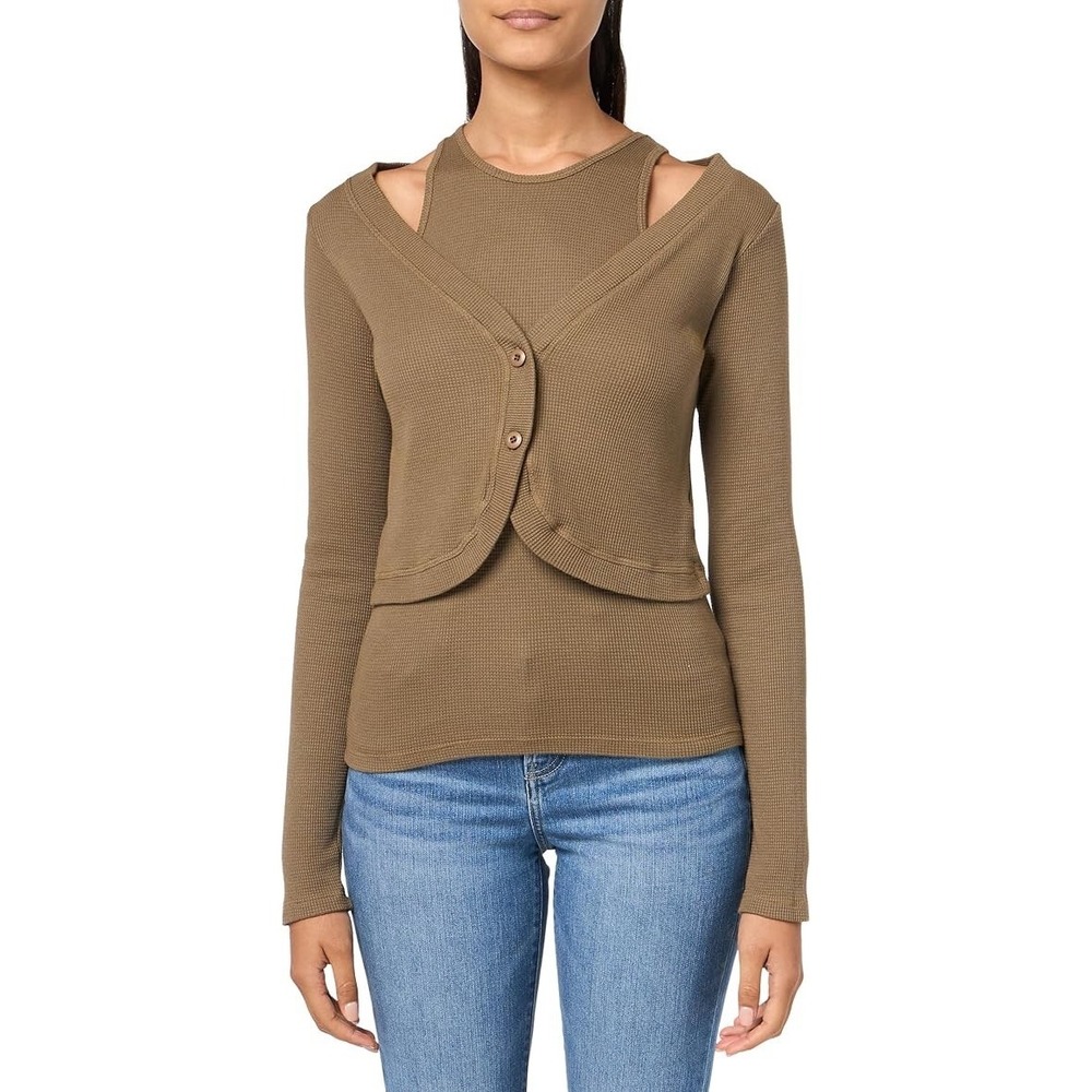 Monrow Thermal Double Layer Cardi Top‎ Stone Green Waffle Knit NEW